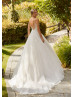 Beaded Ivory Lace Glitter Tulle Sheer Back Princess Wedding Dress